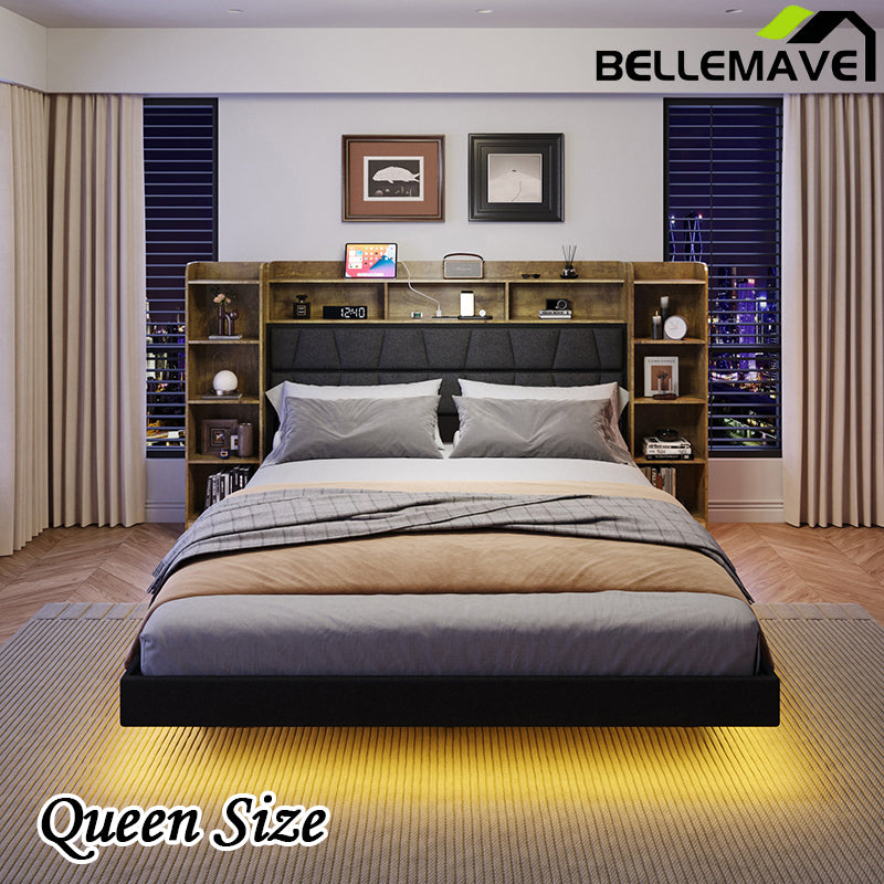 Bellemave® Queen Size  Upholstered Platform Bed with LED Light, Bookcase Storage Headboard and Charging Station