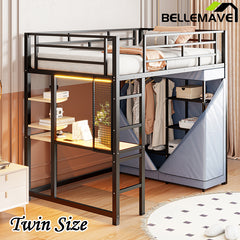 Bellemave® Loft Metal Bed with Desk,Shelves,Power Outlet,LED Light and Wardrobe