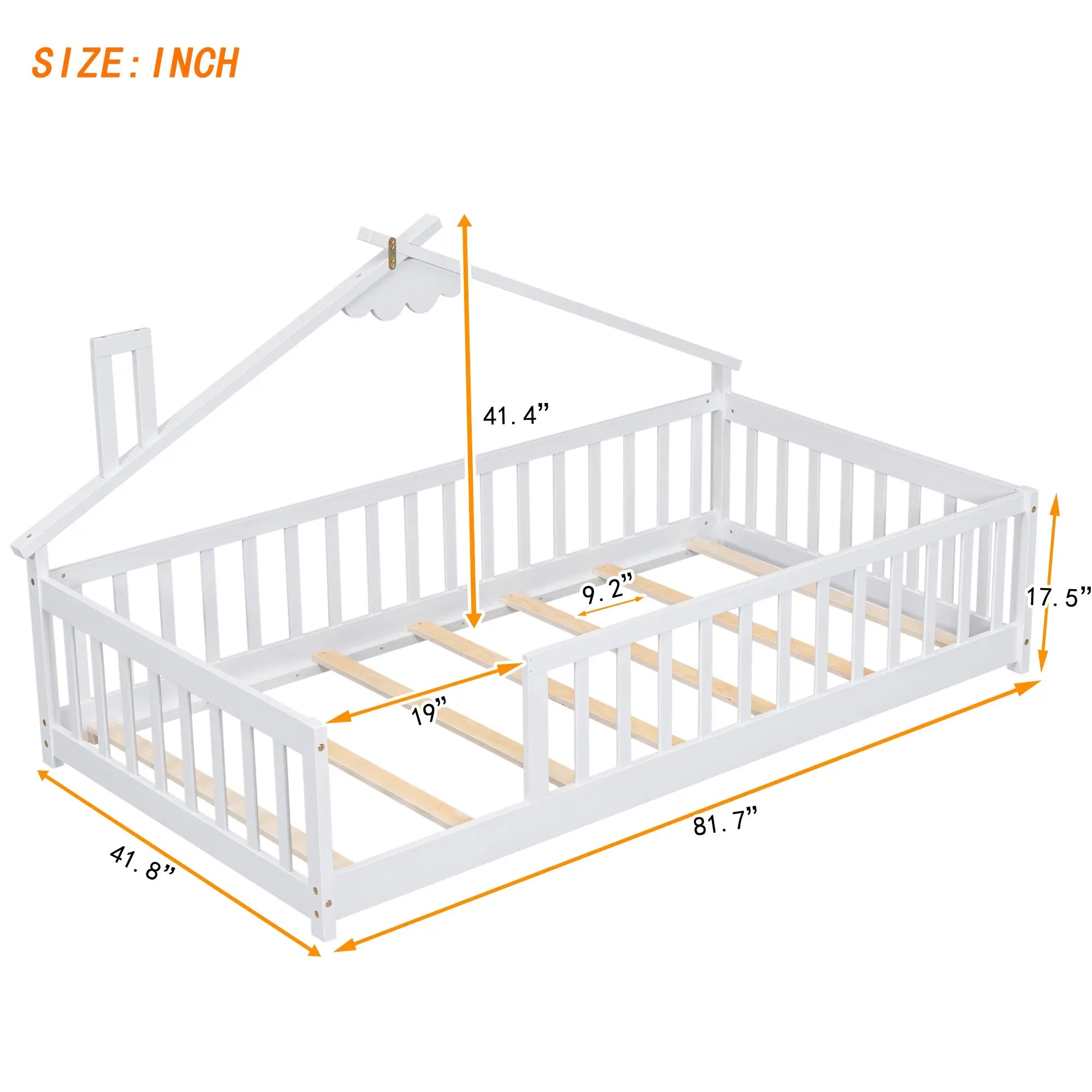 Bellemave® Twin Size House-Shaped Bedside Floor Bed with Guardrails, Slats, without Door Bellemave®