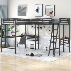 Bellemave® Double Twin Size Metal Loft Bed with Two Built-in Desks