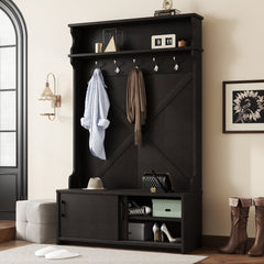 Bellemave® 74.8" Hall Tree with Top Shelf and Storage Bench, Hallway Shoe Cabinet with Sliding Doors and 5 Hanging Hooks