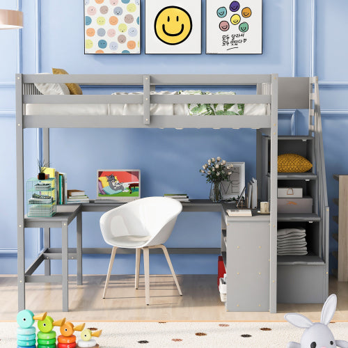 Bellemave® Full Size Loft Bed with Built-in L-Shaped Desk and Three-Tier Storage Shelves,and Attached Storage Staircase