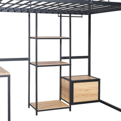 Bellemave® Full Size Metal Loft Bed with Desk and Stool,Open-Style Wardrobe, Shelves and Cabinet