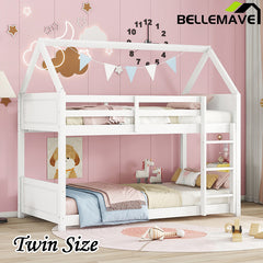 Bellemave® Twin Size Rubber Wood House Floor Bunk Bed with Headboards, Footboards and Guardrails, Ladder