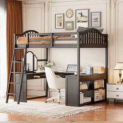 Bellemave® Full Size Wooden Loft Bed with U-shaped Desk,Storage Compartments and Tri-fold Mirror