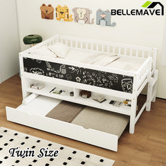 Bellemave® Twin Size Wood Low Loft Bed with Storage Shelves, Blackboard and Trundle