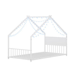 Bellemave® Twin Size Metal House Bed with Roof and Colorful Lights, Slats and Legs