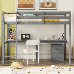 Bellemave® Twin Size Loft Bed with Built-in Desk, a Storage Cabinet of 2 Drawers, Guardrails and Ladder