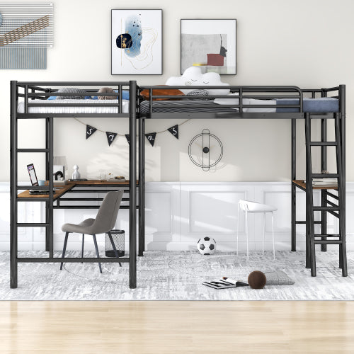 Bellemave® Double Twin Size Metal Loft Bed with Two Built-in Desks