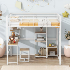 Bellemave® Full Size Metal Loft Bed with Desk and Stool,Open-Style Wardrobe, Shelves and Cabinet