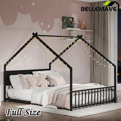 Bellemave® Twin Size Metal House Bed with Roof and Colorful Lights, Slats and Legs