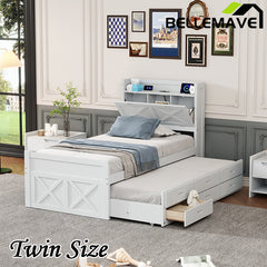 Bellemave® Wooden Platform Bed with Storage Headboard with Outlets, Twin Size Trundle with Three Storage Drawers