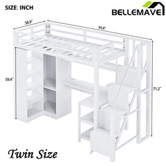 Bellemave® Metal Loft Bed With Desk, USB Ports, 5-Layer Shelf, Wardrobe and Stepped Stairs