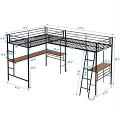 Bellemave® Double Twin Size Metal Loft Bed with Two Built-in Desks