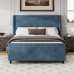 Bellemave® Corduroy Upholstered Bed with Vertical Stripe Wingback and High Footboard