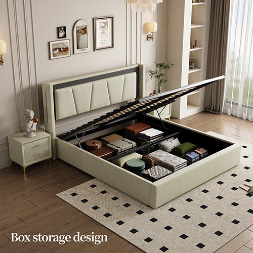 Bellemave® Queen Size Cotton and Linen Fabric Platform Bed with Storage Space under the Bed