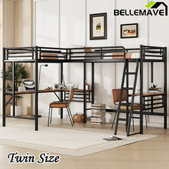 Bellemave® Double Twin Size Metal Loft Bed with Two Built-in Desks