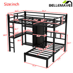 Bellemave® Full XL over Twin Metal Bunk Bed with Desk and Bookshelf ,Storage Shelves and Wardrobe