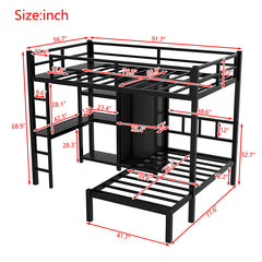 Bellemave® Full XL over Twin Metal Bunk Bed with Desk and Bookshelf ,Storage Shelves and Wardrobe