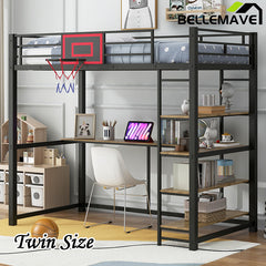 Bellemave® Twin Size Metal Loft Bed with Shelves, Desk and Basketball Hoop