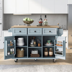 Bellemave® 53.1" Kitchen Cart with Rubber Wood Drop-Leaf Countertop ,Cabinet door internal storage racks,Storage Cabinet and 3 Drawers