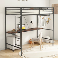 Bellemave® Twin Loft Bed with Cinnamon Wood Desk and Closet Rod