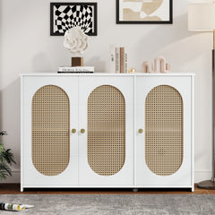 Bellemave® Retro 3-Door Accent Cabinet with Space Artificial Rattan Doors and Metal Handles