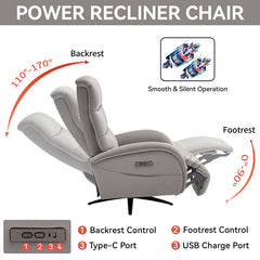 Bellemave® Dual Motor 270° Swivel Power Recliner Chair With Heavy Duty Motion Mechanism, USB and Type-C Charging Ports.