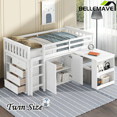 Bellemave® Twin Size Rubber Wood Loft Bed with Storage Cabinet, Drawer and Shelf Cabinet and Pulling-Out Desk, Safety Guardrail and Ladder