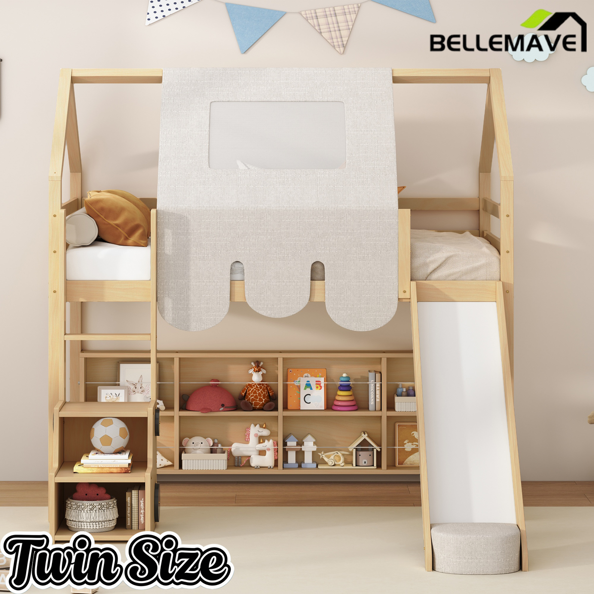 Bellemave® Twin Size Loft Bed with Play House Shape, Wooden Loft Bed House-Shaped Frame with a Tent, Slide & a Ladder Bellemave®
