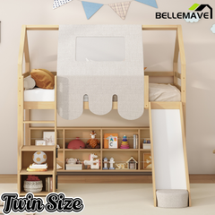 Bellemave® Twin Size Loft Bed with Play House Shape, Wooden Loft Bed House-Shaped Frame with a Tent, Slide & a Ladder Bellemave®