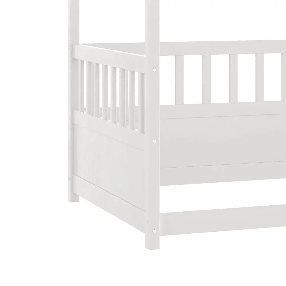 Bellemave® Twin Size Canopy Bed Frame with 4 Posters and Guardrails, Twin Size Montessori Floor Bed with High Fence Bellemave®