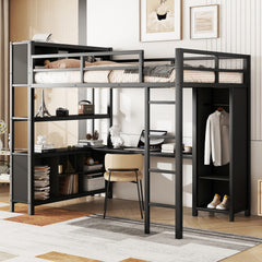 Bellemave® Full Size Metal Loft Bed with Wardrobe And L-shaped Desk, Storage Cubes and Shelves