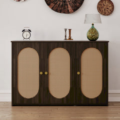 Bellemave® Retro 3-Door Accent Cabinet with Space Artificial Rattan Doors and Metal Handles