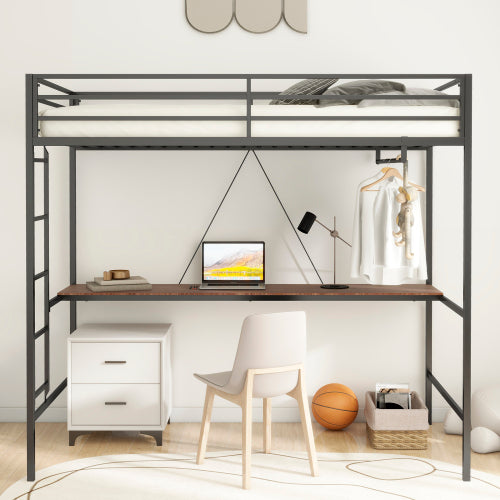 Bellemave® Twin Loft Bed with Cinnamon Wood Desk and Closet Rod