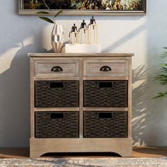 Bellemave® Rustic Storage Cabinet with Two Drawers and Four Classic Rattan Basket