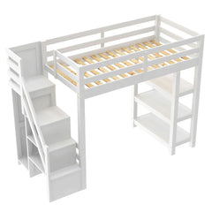 Bellemave® Wooden Loft Bed with Shelves, Storage Staircase, Small Wardrobe and White LED Light