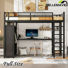 Bellemave® Full Size Metal Loft Bed with Desk,Shelves and Wardrobe