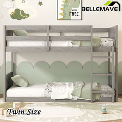 Bellemave® Twin Size Solid Rubber Wood Floor Bunk Bed with Panelled Headboard and Footboard,&nbsp; Safety Guardrails and Built-in ladder