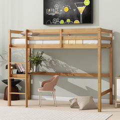 Bellemave® Twin Size Rubber Wood High Loft Bed with Safety Guardrail, Built-in Desk and Ladder