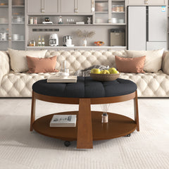 Bellemave® Modern Large Round Ottoman Coffee Table 2-Tier Oversized Button Tufted Ottoman with Wheels