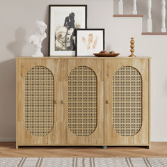 Bellemave® Retro 3-Door Accent Cabinet with Space Artificial Rattan Doors and Metal Handles