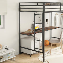 Bellemave® Twin Loft Bed with Cinnamon Wood Desk and Closet Rod