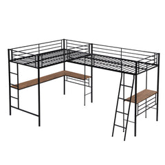 Bellemave® Double Twin Size Metal Loft Bed with Two Built-in Desks