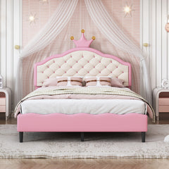 Bellemave® Lovely Crown Fantasy PU Leather Princess Bed with Tufted Headboard