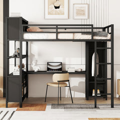 Bellemave® Full Size Metal Loft Bed with Wardrobe And L-shaped Desk, Storage Cubes and Shelves