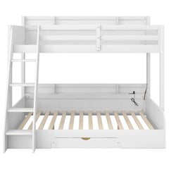 Bellemave® Twin over Full Bunk Bed with Storage Shelves, LED, Charging Station and a Drawer