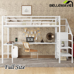 Bellemave® Metal High Loft Bed with L-shaped Desk and USB, Wardrobe and Adjustable Shelf, LED Light