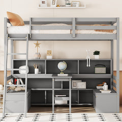 Bellemave® Twin Size Loft Bed with Storage Shelves, Drawers, Seat And Desk