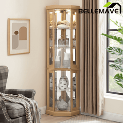 Bellemave® Corner Curio Cabinet with Tempered Glass Doors and Adjustable Shelves, Wine Bar China Cabinet for Living Room Liquor Storage Bellemave®